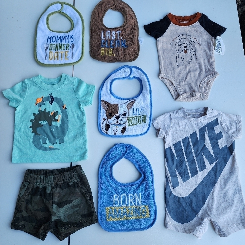 8 Pc Lot Baby Boy Outfit Adorable Sets Bodysuits Nike Bibs Size 3 M